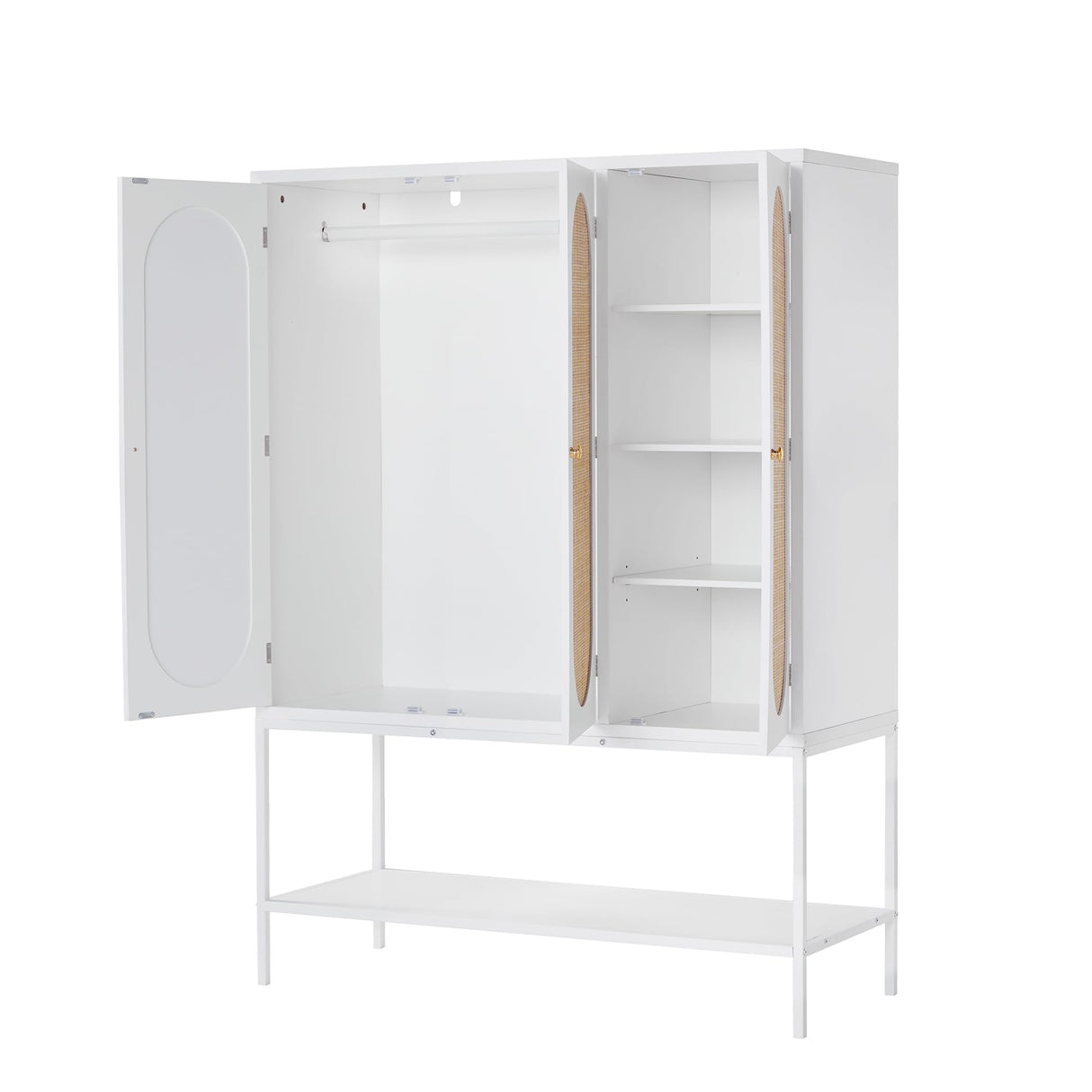 QEIUZON Wardrobe Closet, Rattan Freestanding Wardrobe Cabinet with Storage Cubes & Hanging Rod, Bedroom Armoire, 3-Doors-White QEIUZON