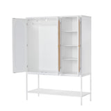 QEIUZON Wardrobe Closet, Rattan Freestanding Wardrobe Cabinet with Storage Cubes & Hanging Rod, Bedroom Armoire, 3-Doors-White QEIUZON