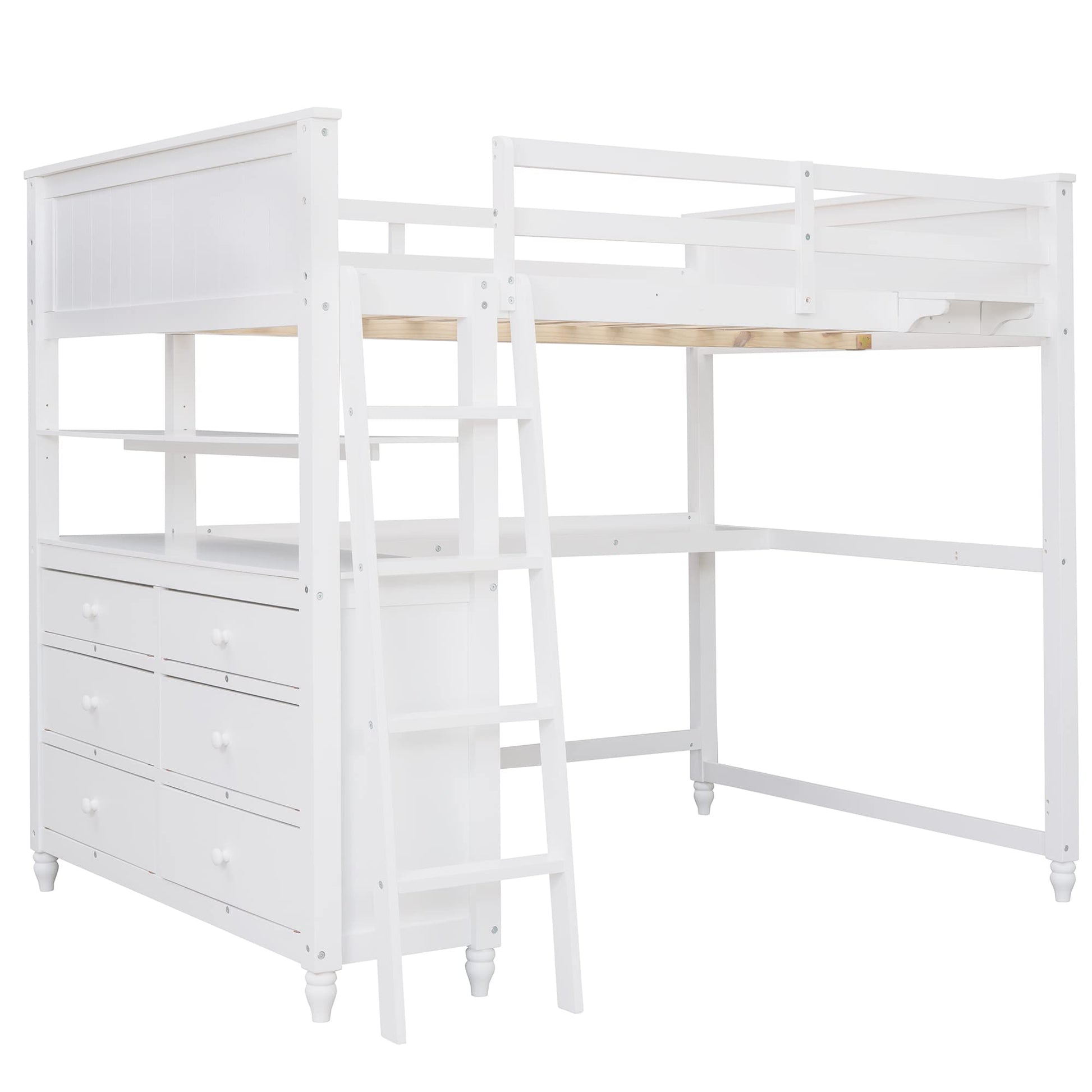 Full Size Solid Wood Loft Bed with Desk, Storage Drawers, and Safety Guardrails - White - WoodArtSupply