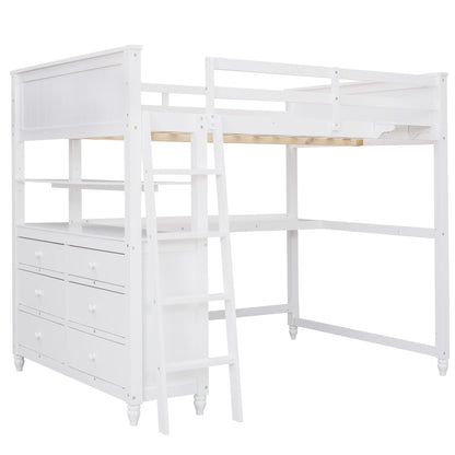 Full Size Solid Wood Loft Bed with Desk, Storage Drawers, and Safety Guardrails - White - WoodArtSupply