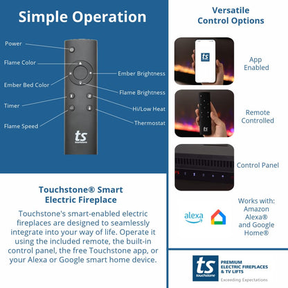 Touchstone Sideline Elite Smart 60” WiFi-Enabled Electric Fireplace - in-Wall Recessed - 60 Color Combinations - 1500/750 Watt Heater (68-88°F Thermostat) - Black - Log, Crystals & Driftwood - 80037