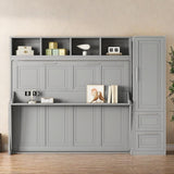 SOFTSEA Queen Size Horizontal Murphy Bed, Queen Murphy Bed with Desk Wardrobe Storage Shelf, Queen Hideaway Wall Bed with Drawers Space-Saving for Guest Room Bedroom or Office, Gray SOFTSEA