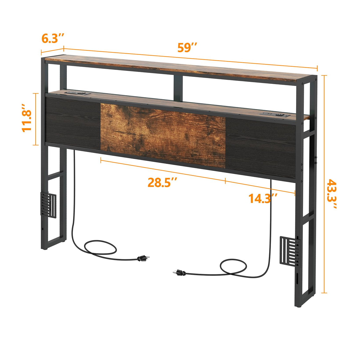 Livofloral Rustic Brown Queen Size Headboard with USB Charging Station, LED Light, and Adjustable Height Livofloral