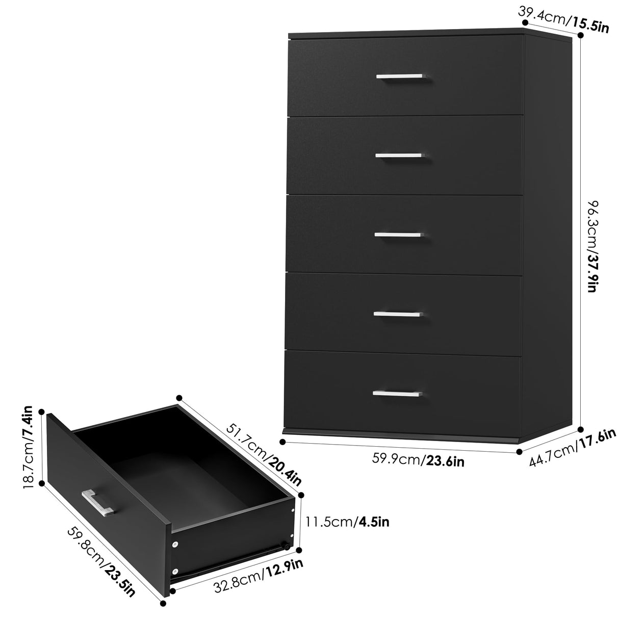TTVIEW Tall Black Dresser, 5 Drawer Dressers with Large Capacity, Tall Dresser with Metal Handles, Chest of Drawers Cabinet Wood Dressers for Hallway Living Room TTVIEW