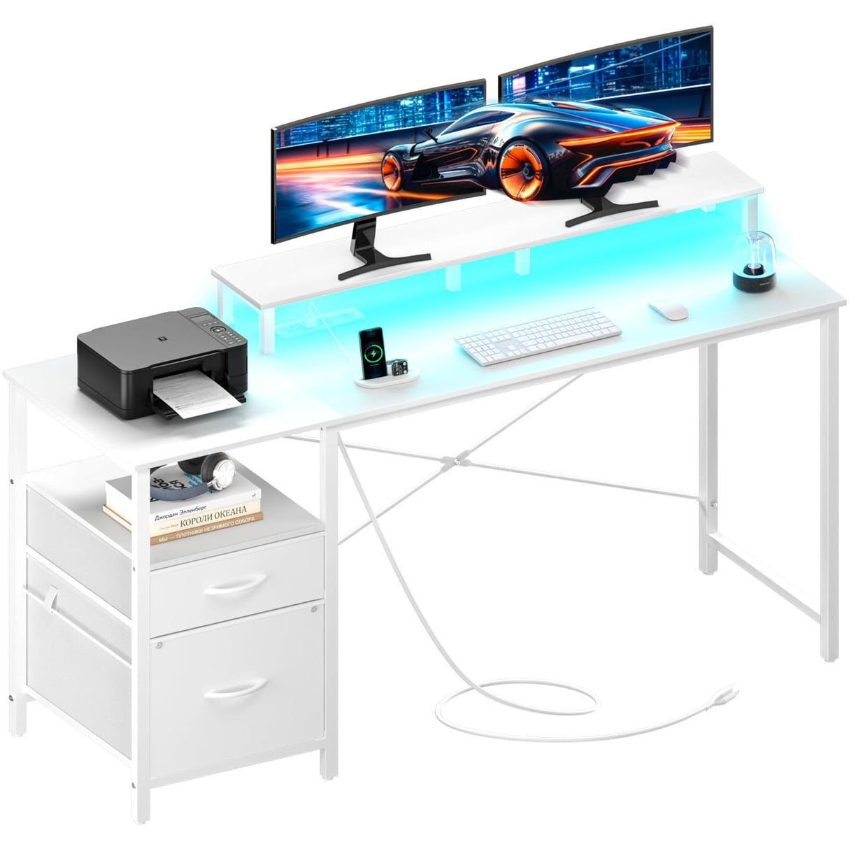 Yoobure White Computer Desk with Drawers, 55.1" Gaming Desk with LED Lights & Power Outlets, Office Desk with Fabric File Cabinets, Gaming Table with Long Monitor Stand, PC Desk with Storage Yoobure