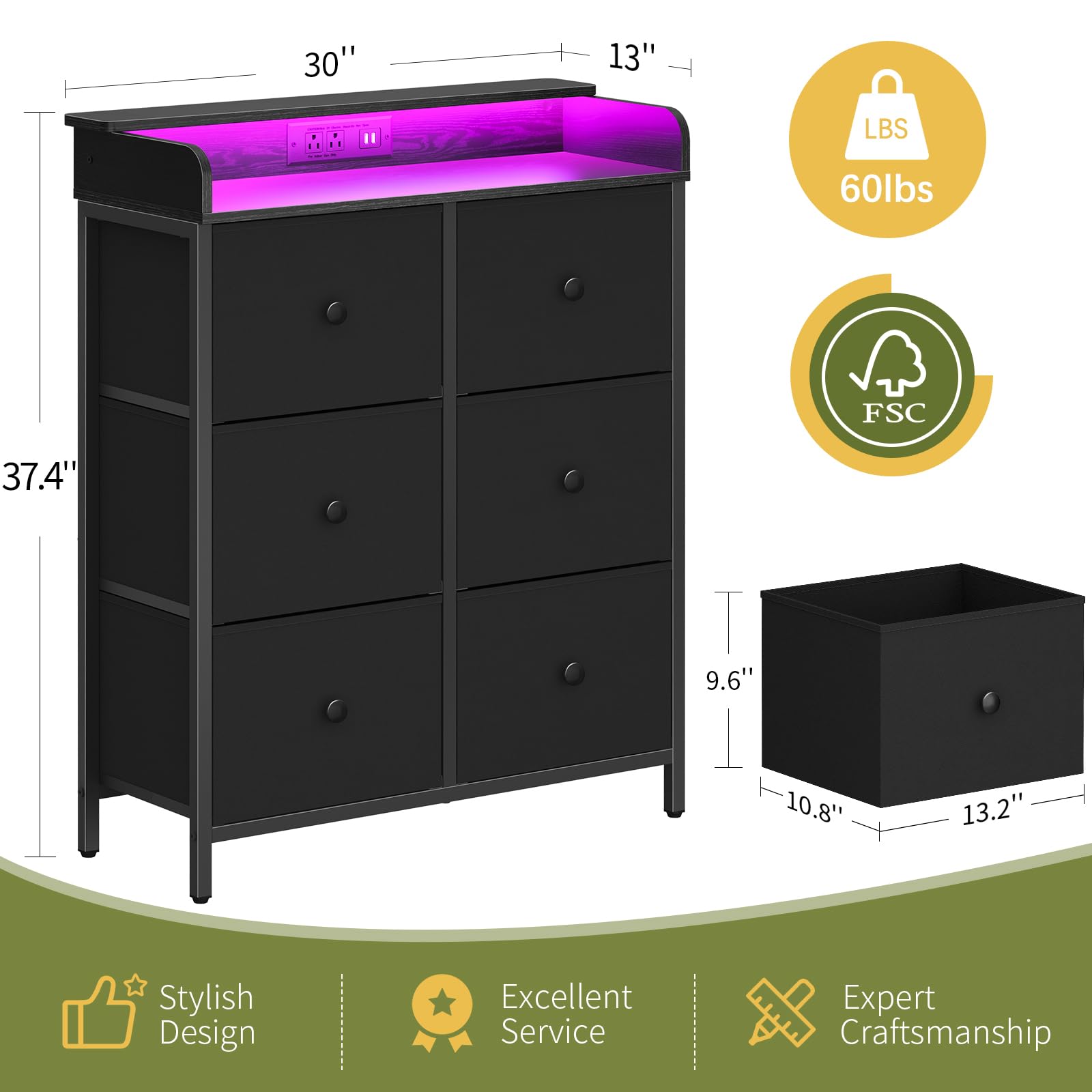 Yoobure Dresser for Bedroom with Charging Station, 6-Drawer Chest Furniture with LED Lights, Fabric Dressers & Chests of Drawers, Storage Tower Organizer Unit for Kids Room Closet Living Room - WoodArtSupply