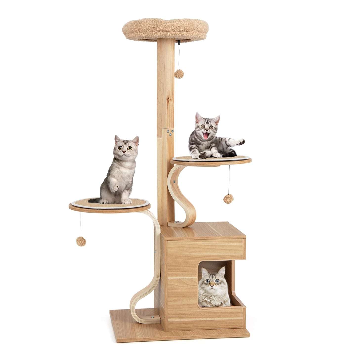 PETSITE 51 Inches Cat Tree, Modern Wooden Cat Tower with Plush Padded Top Perch, Cat Condo with Soft Pad, Dangling Balls, Multi-Level Cat Tree Tower for Indoor Cats Large Adult - WoodArtSupply