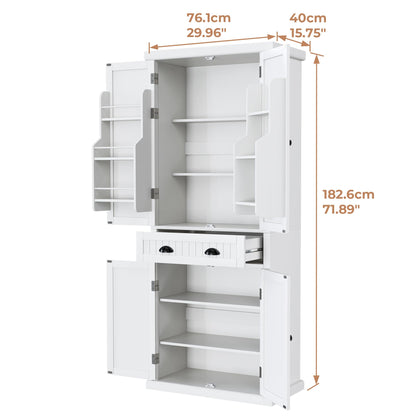 VVFLU Kitchen Pantry Storage Cabinet with Doors and Shelves, 72" Tall Cupboard Freestanding, Linen Utility Cabinet, 4 Doors, 1 Deep Drawer, Modern, for Dinning Room, Living Room, Laundry - WoodArtSupply