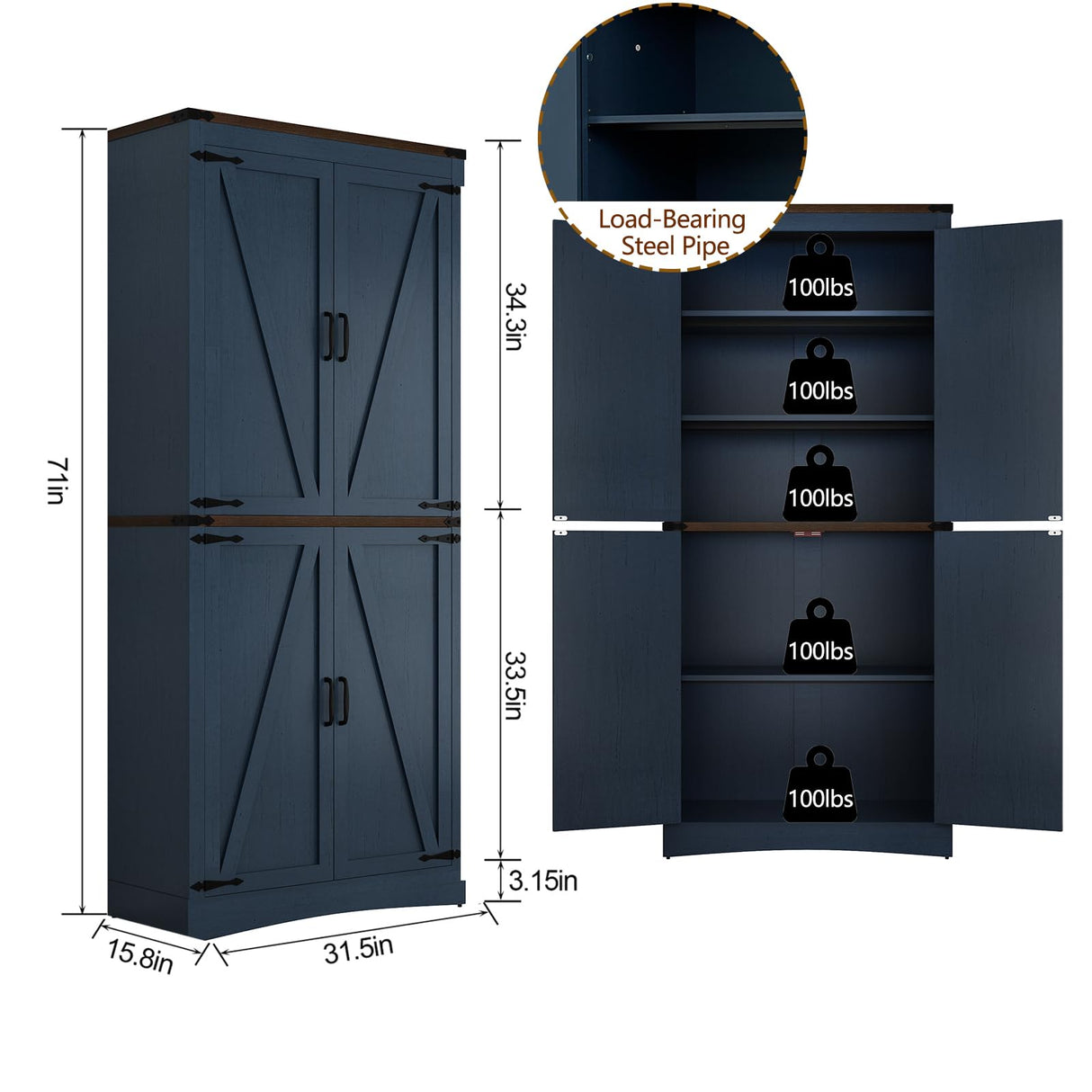 Hlivelood 71" Tall Kitchen Pantry,Farmhouse Storage Cabinet with Adjustable Shelves,Load-Bearing Steel Pipe,Farmhouse Pantry Cabinet with 4 Barn Doors,for Kitchen,Dining Room,Living Room(Blue) Hlivelood