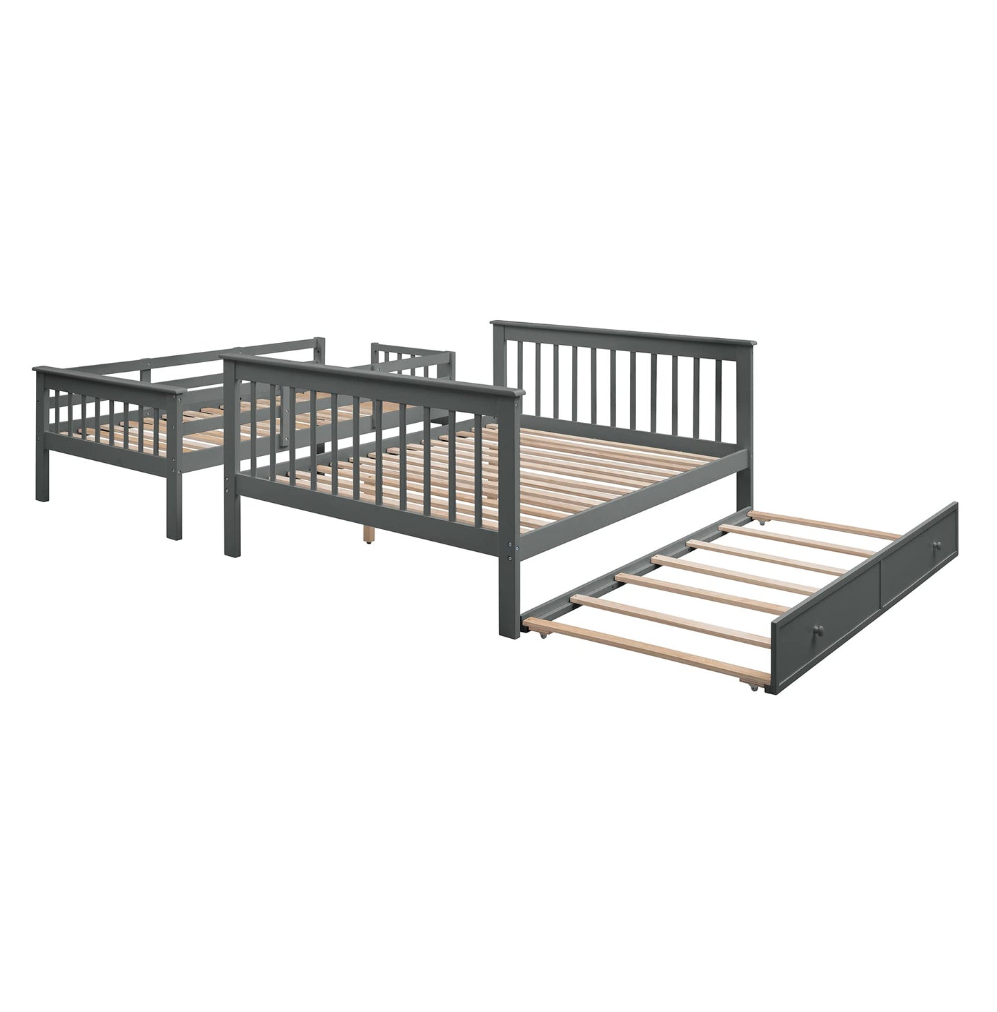 MERITLINE Twin Over Full Bunk Bed with Twin Size Trundle, Wooden Bunk Bed with Stairway, Storage and Guard Rail for Kids, Adults (Gray)