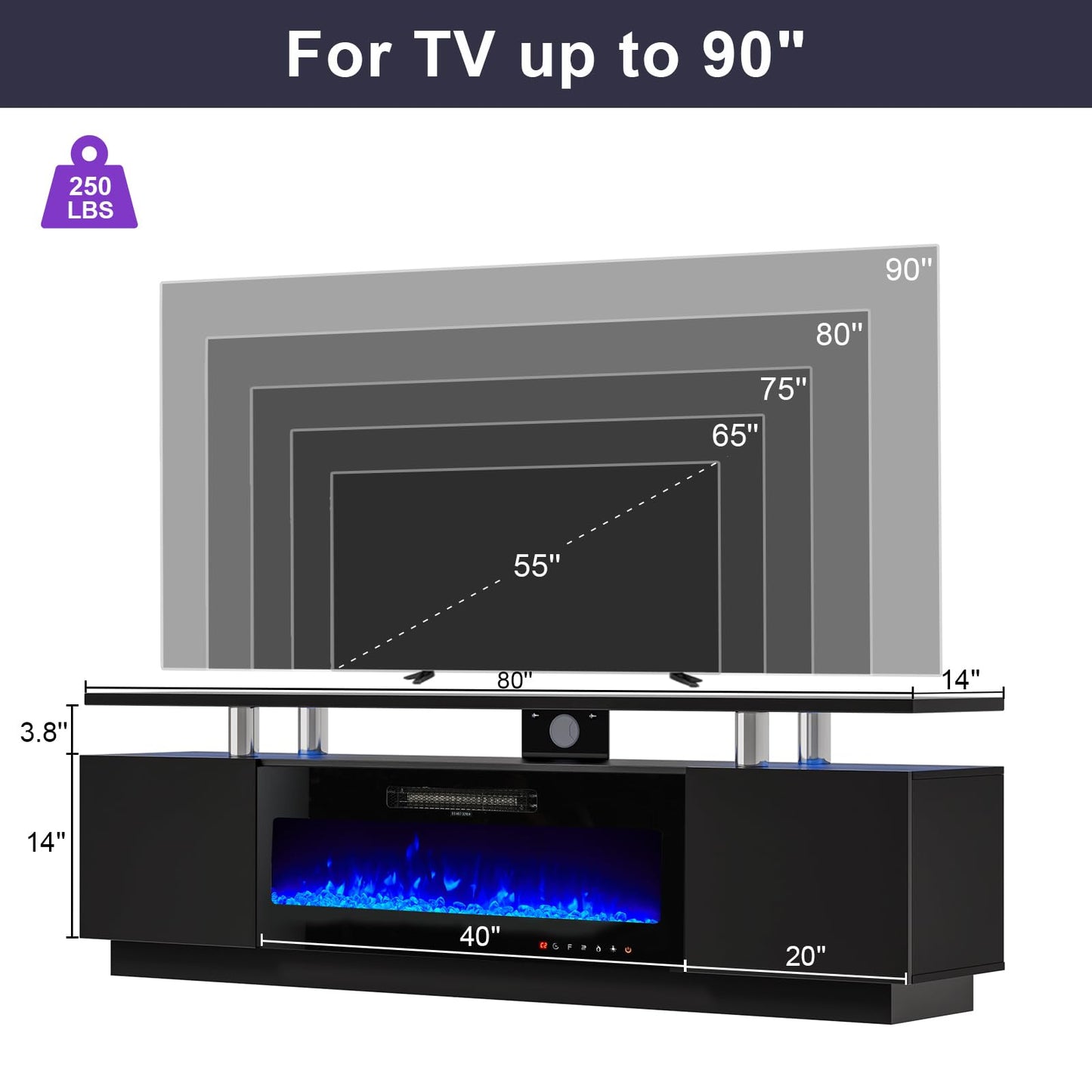 LUXOAK 80" Fireplace TV Stand, Modern High Gloss Finish Media Console with 40" Electric Fireplace, Open Storage Entertainment Center for TVs Up to 90" with LED Lights, Black