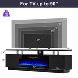 LUXOAK 80" Fireplace TV Stand, Modern High Gloss Finish Media Console with 40" Electric Fireplace, Open Storage Entertainment Center for TVs Up to 90" with LED Lights, Black LUXOAK