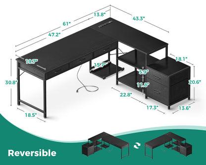 AODK L Shaped Desk with 5 Drawers and Storage Shelves, 61" Reversible Home Office Desk with Power Outlets & Host Stand, Corner Gaming Desk for Bedroom, Black