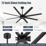 72 inch Ceiling Fans without Light Remote Control, 8 Reversible Blade, Quiet DC Motor, Timer Function, 6-Speed, Industrial Ceiling Fan No Light for Bedroom Home Kitchen (Black) Breezary