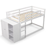 Giantex Twin Over Twin Bunk Bed with Storage Shelves, Solid Wood Bunk Bed Frame with Convertible Bookcase & Ladder, Floor Low Bunk Bed with High Guardrails for Kids Teens, No Box Spring Needed, White Giantex