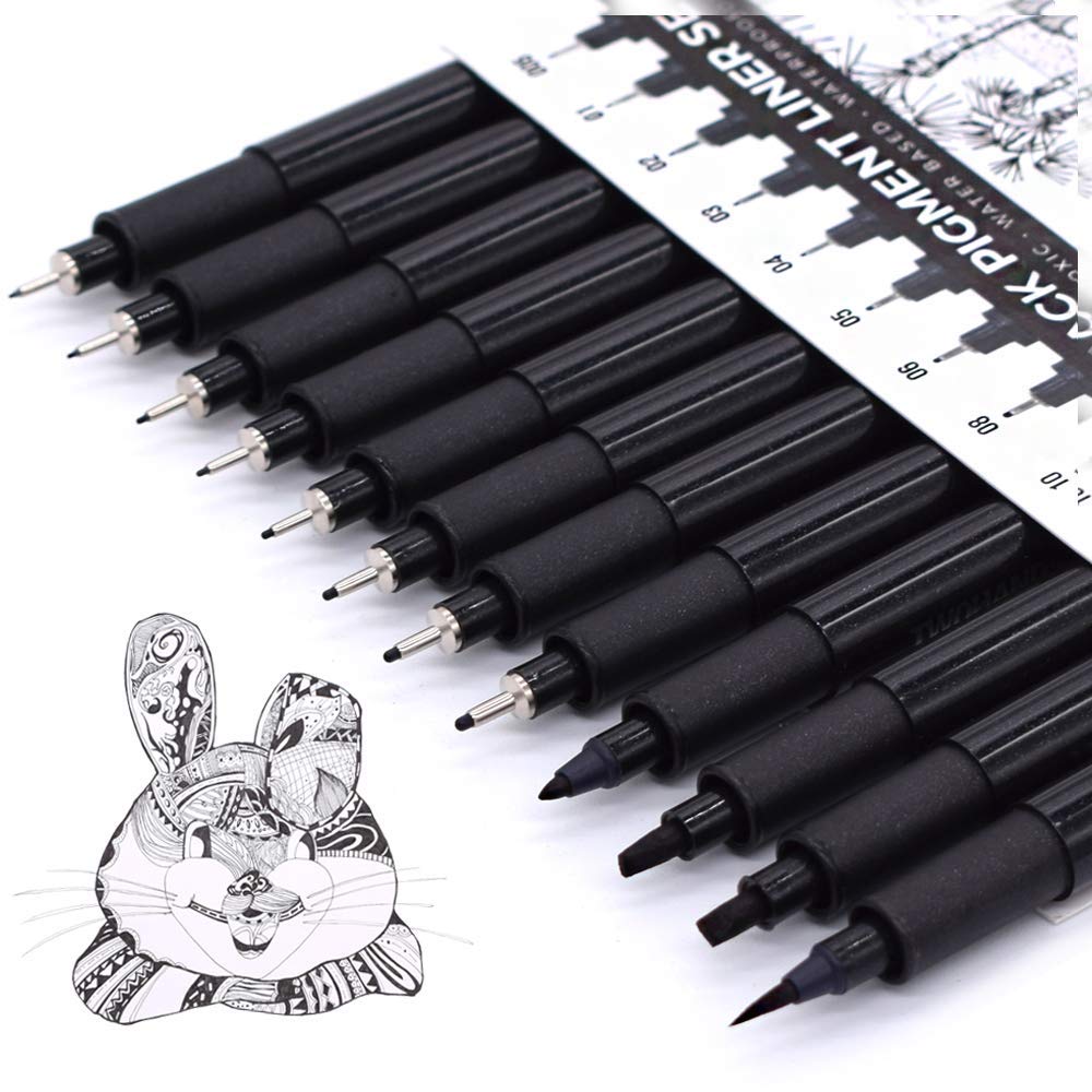 TWOHANDS Art Pens,Fineliner Ink Pens,Set of 12 Technical Drawing pen,Pigment Pen,Fine Point,Black,Waterproof,for Art Watercolor,Sketching,Anime,Manga, 902188 TWOHANDS