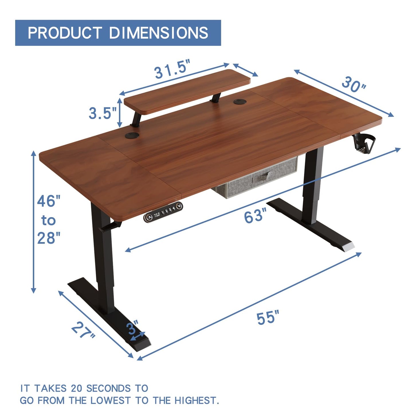 bilbil Electric Standing Desk with Drawer, 63x30 Inches Adjustable Height Sit Stand Up Desk with Storage Shelf, Home Office Desk Computer Workstation with Dark Walnut Top/Black Frame - WoodArtSupply