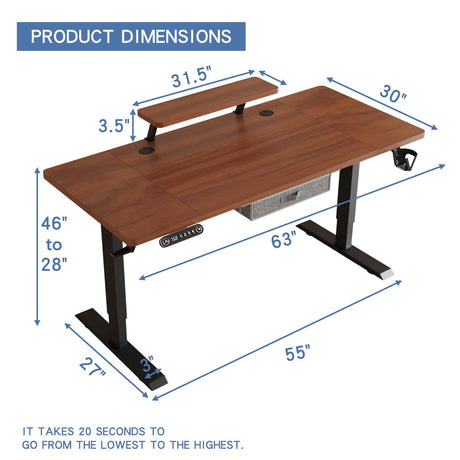 bilbil Electric Standing Desk with Drawer, 63x30 Inches Adjustable Height Sit Stand Up Desk with Storage Shelf, Home Office Desk Computer Workstation with Dark Walnut Top/Black Frame bilbil