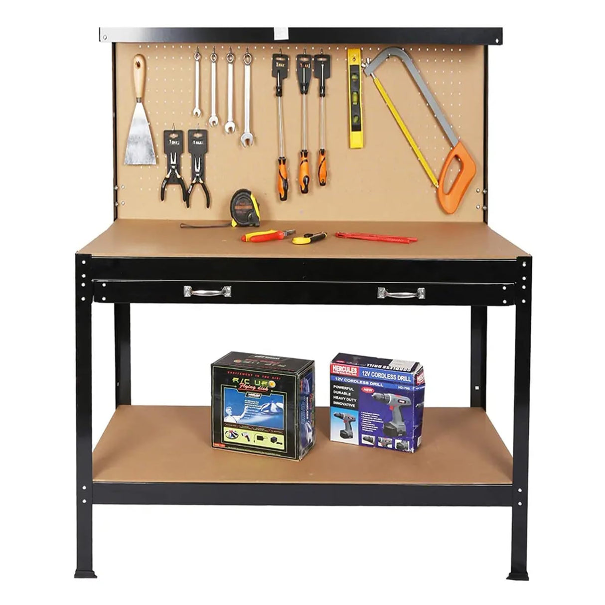 Heavy-Duty 63" Steel Workbench with Drawer & Pegboard - Versatile Tool Organizer, 300 lbs Capacity, Ideal for Workshops, Garages & Home Projects HEIGHYOXP