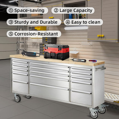 FH FOHOME 72-inch Stainless Steel Rolling Tool Chest with 15 Drawers, Lockable Mobile Storage Cabinet for Garage, Workshop, and Home - WoodArtSupply