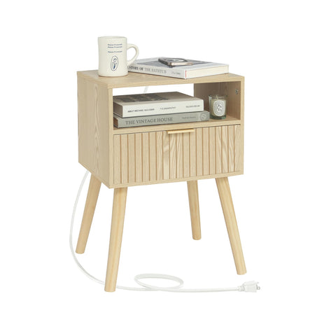 Nightstand with Charging Station, Wood Bedside Table with Drawer, Modern End Table for Bedroom and Small Spaces, Solid Wood Legs, Easy Assembly, Natural MaxSmeo