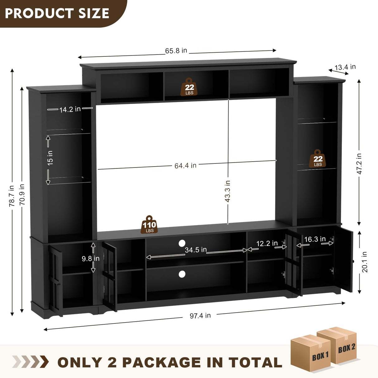 MEISSALIVVE Wall Unit TV Stand with Storage & LED Lights, Large Entertainment Center with Bookshelves for TVs up to 75", Media Console for Living Room, Black MEISSALIVVE