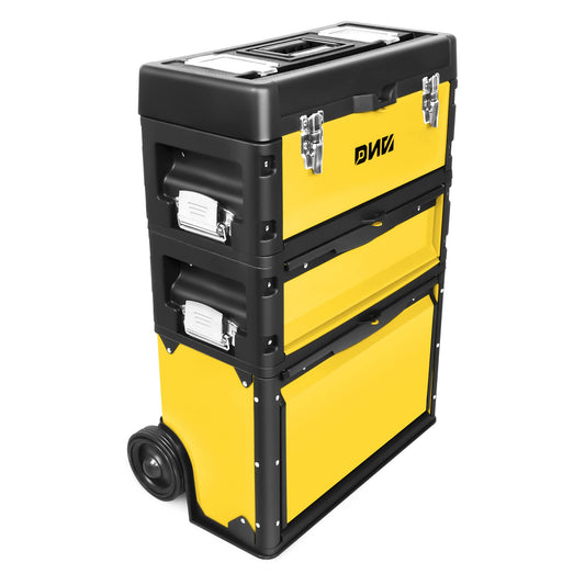 ‎DNA MOTORING TOOLS-00223 ‎19.5" x 28.5" x 12" 3-Tier Stackable Separate Hand Case Tool Boxes Trolley, 3-in-1 Storage Compartments,Yellow