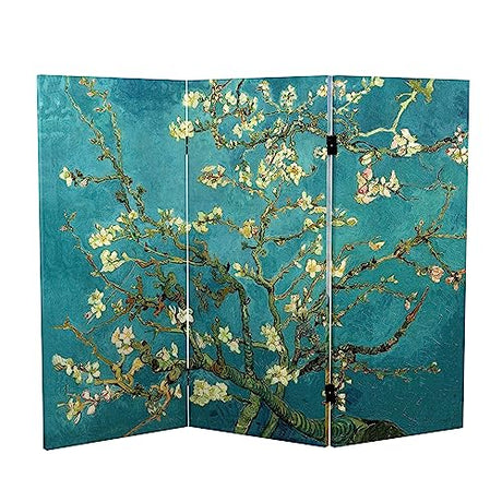 Red Lantern Double Sided Works of Van Gogh Canvas Folding Screen - Almond Blossoms/Wheat Field, 3 ft Short - 3 Panel Red Lantern