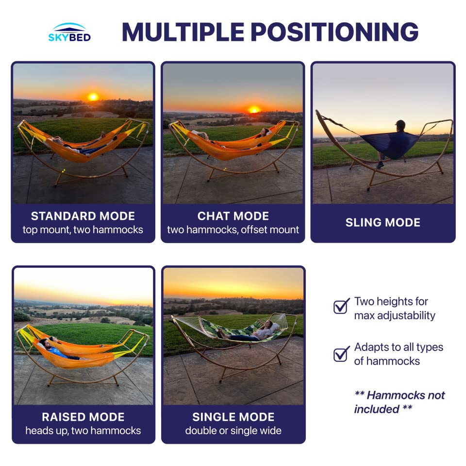 Skybed Universal Hammock Stand, Fits 2 Single Hammocks 7 ft to 14 ft Long or 1 Double Wide, Unique Head Up Mount Option for Dual Hammock Chat Mode, Heavy Duty, 600 Lbs Capacity, Indoor/Outdoor Skybed