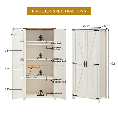 OKD Storage Cabinet, 32''W Farmhouse Kitchen Pantry Cabinet with 2 Barn Doors and Shelves, Rustic Armoire Cabinet w/Hanging Rod, 72'' Tall Linen Cabinet for Kitchen, Bedroom, Laundry, Antique White