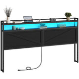 HOOBRO King Size Headboard, Headboard with Charging Station and LED Light Strip, 2-Tier Storage Headboard with Outlets and USB Ports, Industrial Style, Height Adjustable, for King Size Beds, Black HOOBRO