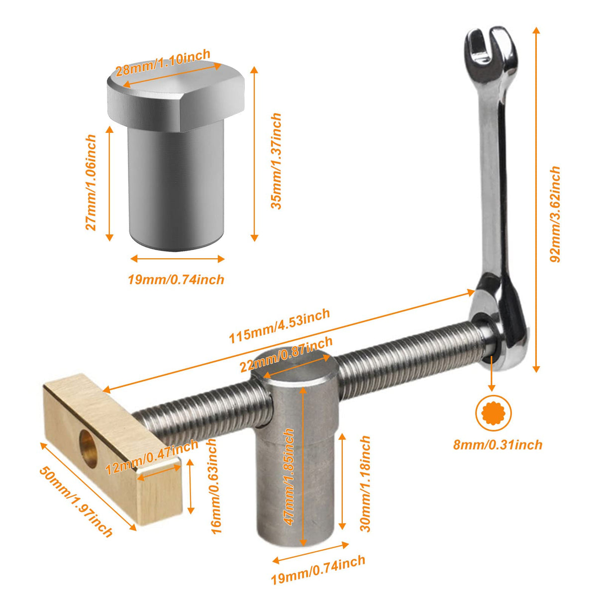 2 Pack Bench Dog Clamp with 4 Pack Woodworking 3/4 Inch Bench Dogs Hole Clamp Adjustable Workbench Stop Stainless Steel Brass Carpenter Tool (19mm) TVlifams
