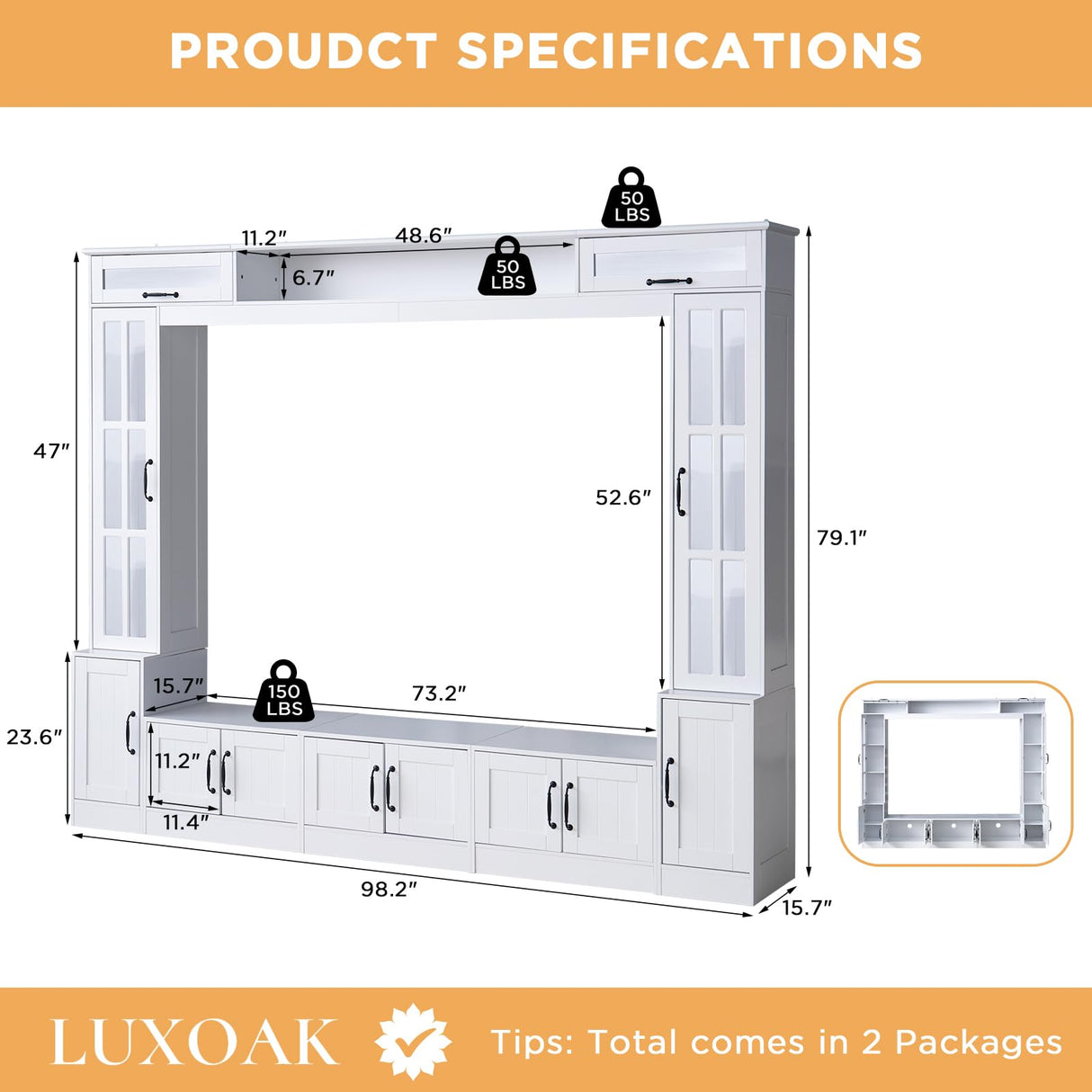 LUXOAK 98" Wide Wall Unit TV Stand with Storage for TVs up to 80", Large Modern TV Console Table with LED Lights, Entertainment Center with Bookshelves for Living Room, White LUXOAK