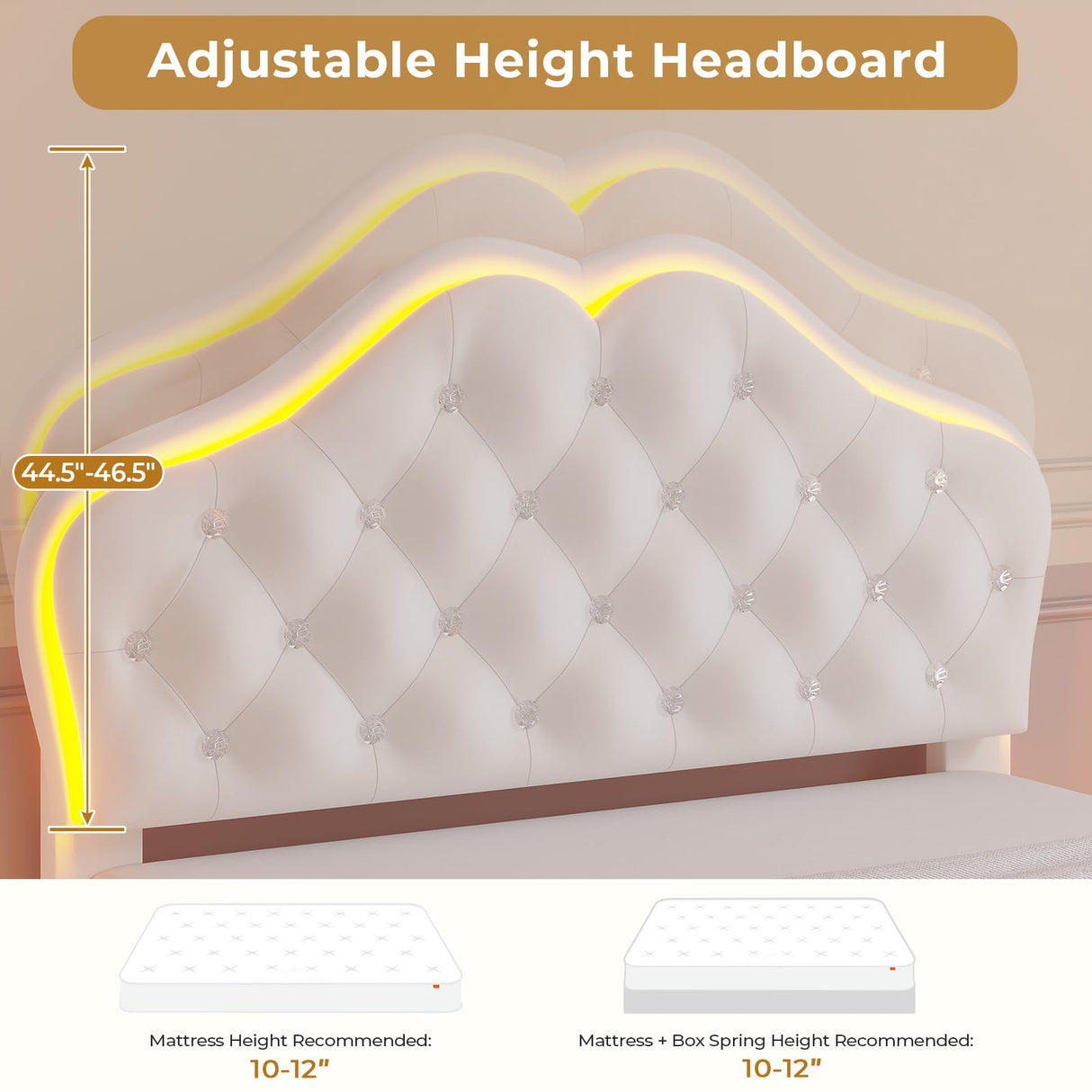 ADORNEVE Twin Bed Frame with RGB LED Lights, Princess Bed Frame with Adjustable Crystal Button Headboard, Velvet Upholstered Platform Bed for Girls, Solid Wooden Slats, Easy Assembly, Creamy White ADORNEVE