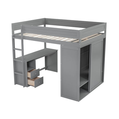 LostCat Grey Full Size Loft Bed with Desk, Drawers, and Wardrobe for Kids and Teens - WoodArtSupply