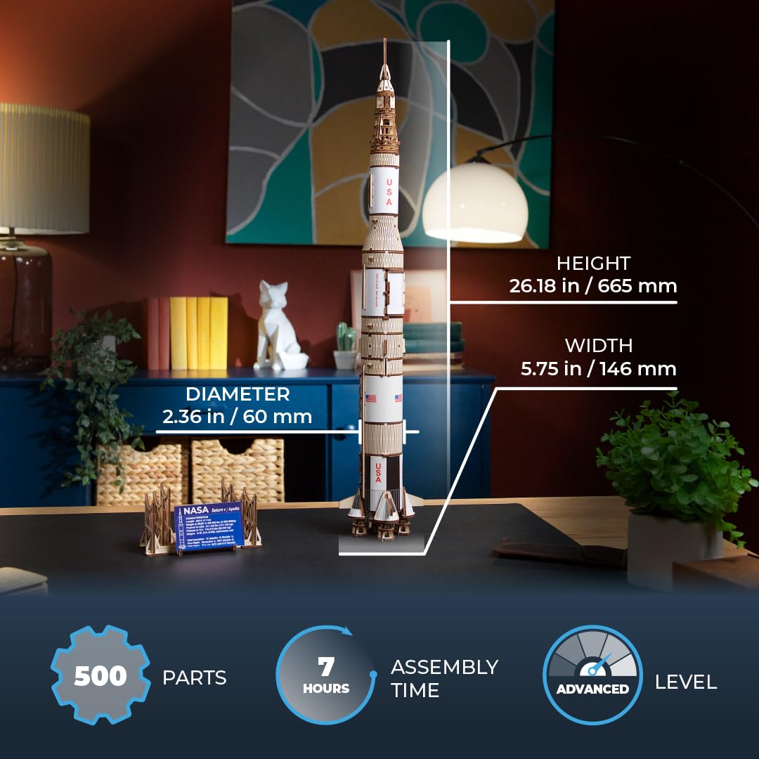UGEARS NASA Saturn V Model Rocket Kit - Space Ship Model Kits for Adults - 3D Wooden Space Shuttle Building Puzzles - Rocketship Spacecraft 3D Wood Puzzle UGEARS