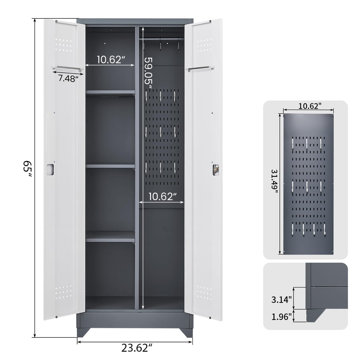 65"H Broom Closet Storage Cabinet, Utility Closet for Brooms and Mops, Cleaning Metal Storage Cabinet with Pegboard and Hanging Rod, Broom Closet with Doors and Adjustable Shelves，Garage，Grey-White SAFEFEVER