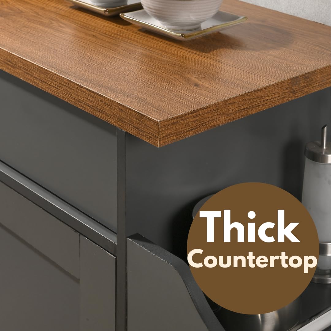 Hodedah Rolling Wood Kitchen Island Cart with Spice Rack, Towel Rack, Utensil Drawer plus Cabinet, White with Beech Top Hodedah