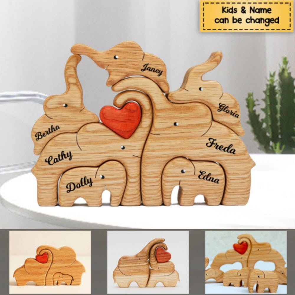 Mesnove 2023 Personalized Elephant Family Wooden Art Puzzle, Gift for Family - WoodArtSupply