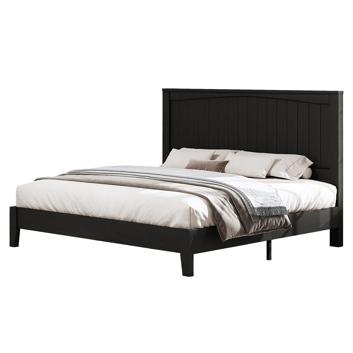 LUXOAK Queen Size Solid Wood Bed Frame with 48.4 inch Tall Headboard, Mid-Century Modern Platform Bed with Wooden Slats and Metal Frame. No Box Spring Needed, Easy Assembly, Black LUXOAK
