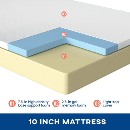 6/8/10/12 inch Gel Memory Foam Mattress for Cool Sleep & Pressure Relief, Medium Firm Mattresses CertiPUR-US Certified/Bed-in-a-Box/Pressure Relieving (10 in, Full) White