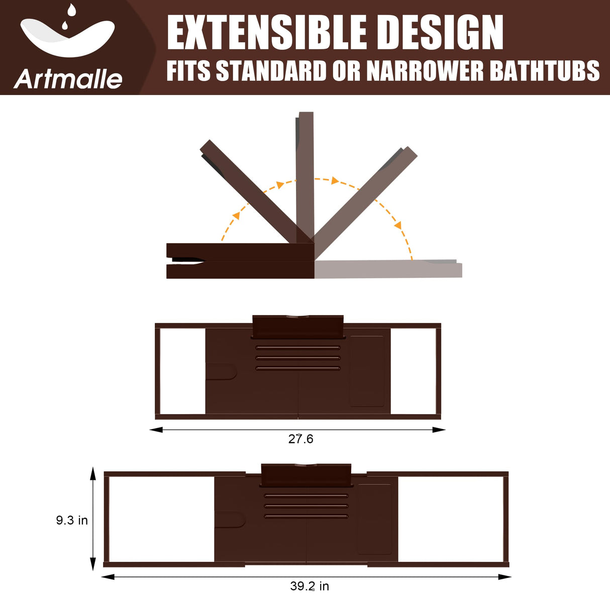 Artmalle Bathtub Tray for Tub, Expandable Bamboo Bath Caddy Tray with Book Stand for Home Spa Relaxing, Foldable Minimalist Bathroom Accessories for Women Men (Simple, Brown) Artmalle