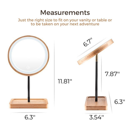 Kimikata LED Lighted Makeup Mirror Vanity Light Up Mirror with 3 Lights, Cordless USB Rechargeable Battery, Rotation, Small Bamboo Wood Beauty Storage Organizer, Tabletop Stand, Circular Ring - WoodArtSupply