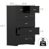 FJTJBSI Dresser with Power Outlets Wooden 6 Drawer Dresser with Large Organizer Black Tall Storage Organizer with Smooth Metal Rail Modern Chest of Drawers Closet for Bedroom Hallway FJTJBSI