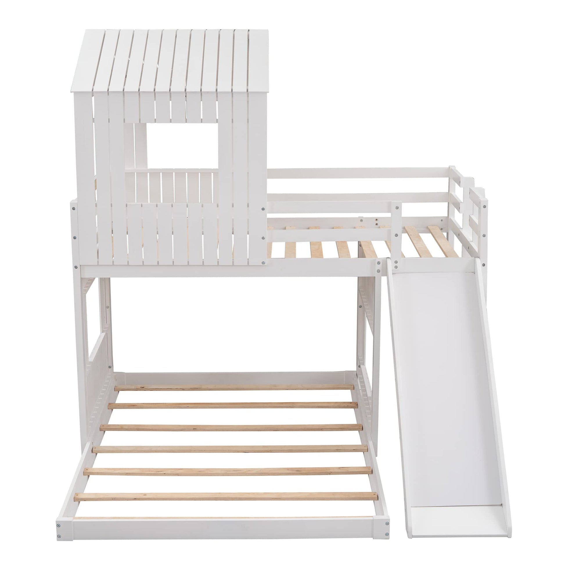 Harper & Bright Designs Twin Over Full Playhouse Bunk Bed with Slide and Roof in White - WoodArtSupply