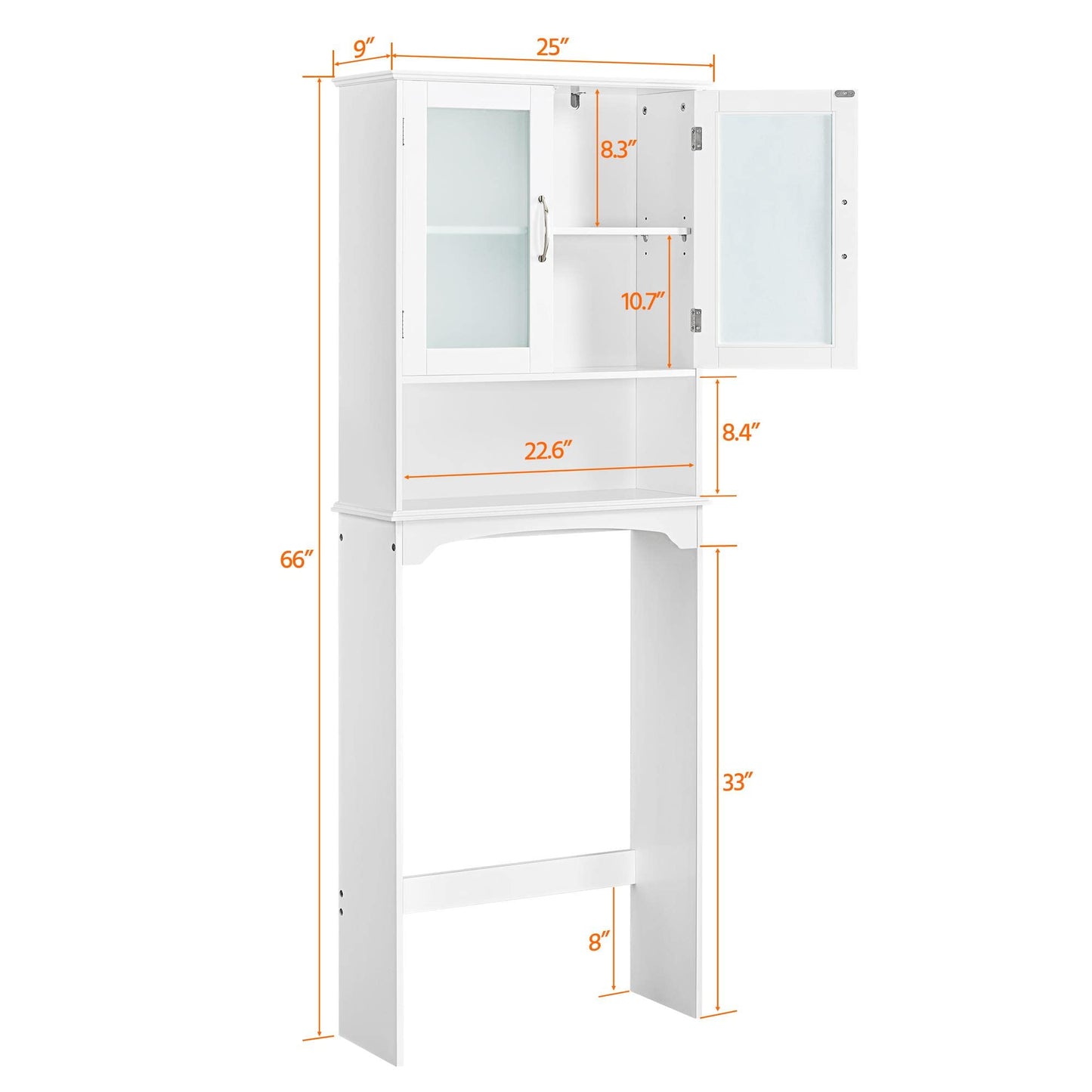 Yaheetech Over The Toilet Storage Cabinet with Double Tempered Glass Doors and Adjustable Shelf, Freestanding Bathroom Storage Rack, 66 Inches Height