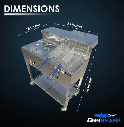 Gas Shark Deep Fryer Cart with 30 lb 3.5 Gallon Single Tank | 2 Fryer Baskets | 2 Container Pan Steam Table | Serving Shelf | Outdoor Propane | Stainless Steel | Portable for Commercial & Home Use