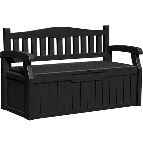 Greesum 80 Gallon Outdoor Storage Bench, Resin Patio Furniture with Armrest,Waterproof and UV-Resistant, Perfect to Garden, Poolside and Lawn, Dark Black Greesum