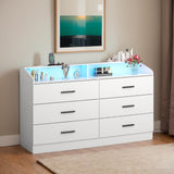 White Dresser for Bedroom, 6 Drawer Dresser with Charging Station, Chests of Drawers with LED Lights, Modern Double Dresser, Storage Cabinet with Drawers for Living Room, Hallway Loomie