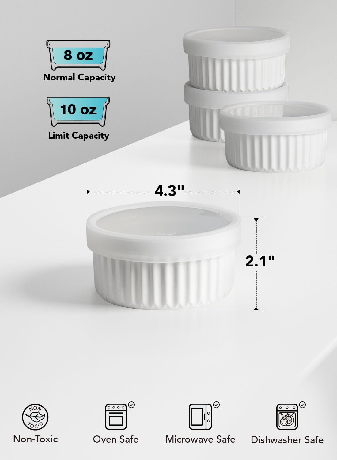 LE TAUCI Ramekins with Lids, 8 OZ Ramekins Oven Safe, Creme Brulee Ramekin Bowls, Ceramic Souffle Dishes with Covers, Custard Cups for Baking, Pudding, Serving Dip, Ice Cream, Set of 4, White LE TAUCI